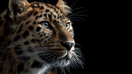Portrait of a spotted big cat, eyes fixed on something in the distance, against black