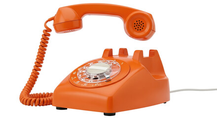 Isolated Vintage orange rotary telephone from the 1960s resting off the receiver against a neutral backdrop