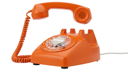 Isolated Vintage orange rotary telephone from the 1960s resting off the receiver against a neutral backdrop