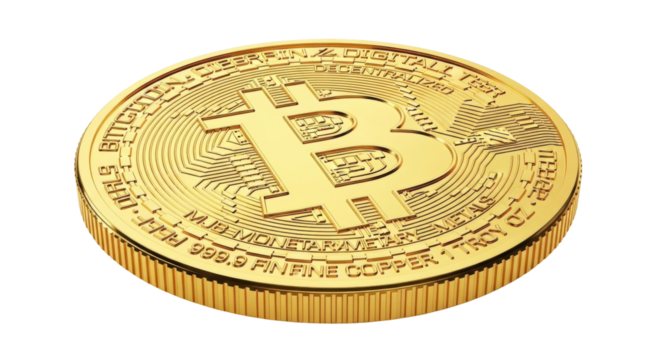 Isolated physical golden Bitcoin, close-up view showing cryptocurrency virtual symbol concept
