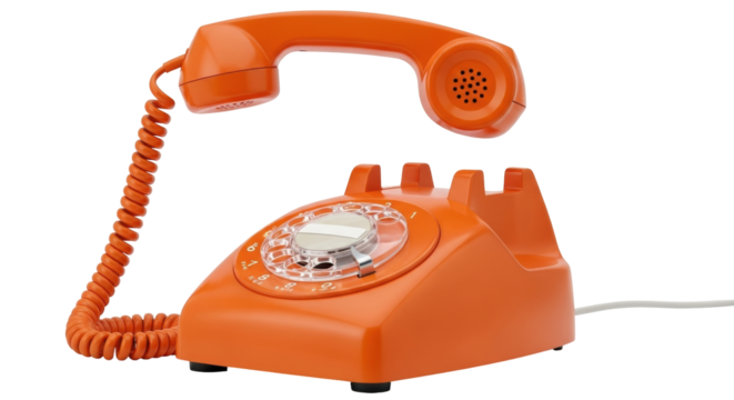 Isolated Vintage orange rotary telephone from the 1960s resting off the receiver against a neutral backdrop