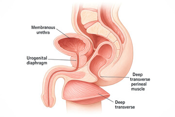 Medical illustration showing the male pelvic anatomy, including the bladder, urethra, urogenital diaphragm, and perineal muscles.