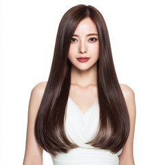 Naklejka premium Elegant Japanese woman with long straight hair in white studio portrait 