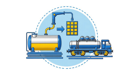 Isolated railroad tanker filling up with gas from a station for transportation in tank car