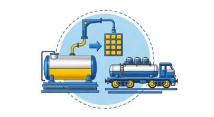 Isolated railroad tanker filling up with gas from a station for transportation in tank car