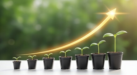Seedlings growing in pots with a rising arrow graph symbolizing growth
