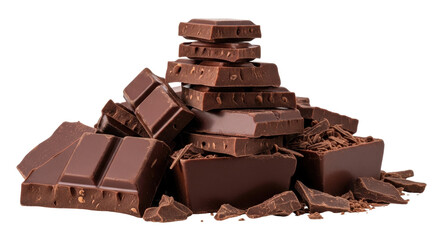 Isolated pile of dark chocolate chunks and shavings, sweet treat, dessert snack, cacao bar