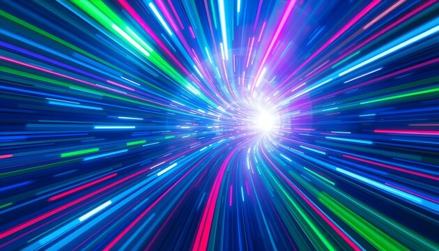 Abstract tunnel of light with colorful lines converging to a bright center.