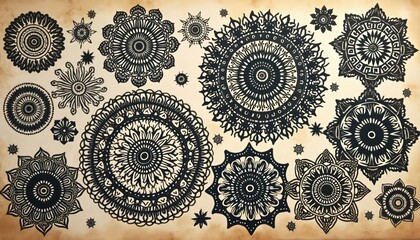 Intricate black mandala patterns on vintage distressed background. Geometric decorative circular designs represent spiritual art, creating harmonious visual. Unique hand-drawn illustration offers
