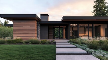 Obraz premium Clean modern rustic farmhouse with balanced geometry, flat roof detail, and natural wood panels