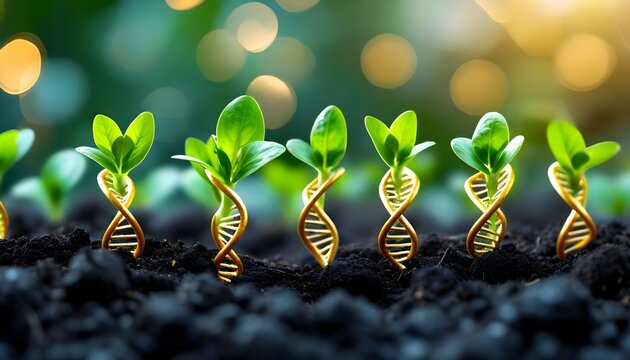 Small green plant sprouts with golden DNA helix structures growing in rich soil, symbolizing genetic engineering and agricultural biotechnology.