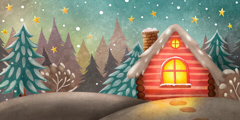 Cozy holiday cabin with snow covered roof and glowing windows in winter forest under starry sky creating warm Christmas lifestyle scene