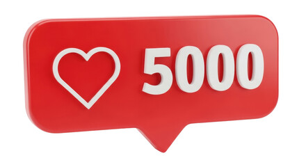 Isolated social media notification with heart and number 5000, engagement indicator, 3D render