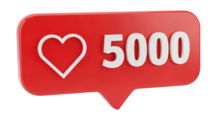 Isolated social media notification with heart and number 5000, engagement indicator, 3D render
