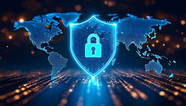 A glowing blue shield with a padlock symbolizing cybersecurity over a digital world map.