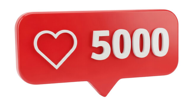 Isolated social media notification with heart and number 5000, engagement indicator, 3D render
