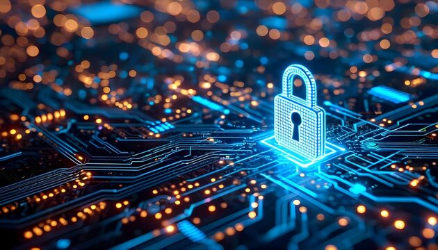 A glowing blue padlock icon superimposed on a circuit board, symbolizing digital security and data protection.