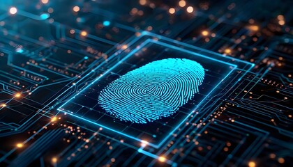 A futuristic digital fingerprint scan integrated into a glowing blue circuit board, representing advanced biometric security and technology.