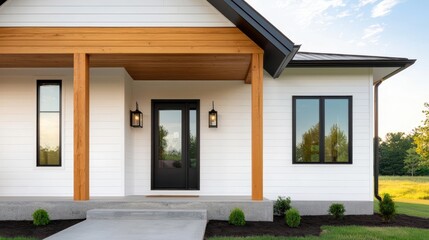 White modern farmhouse with rustic timber beams, concrete porch, and clean architectural lines