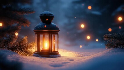 Vintage lantern with candle glowing in snow among fir branches and falling snowflakes. Warm light contrasts the cold blue tones. Christmas night ambiance. Peaceful and festive. - Powered by Adobe