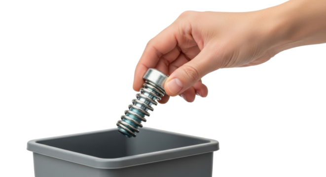 Isolated hand throws metal bolt into gray container, conceptual disposal of unwanted items