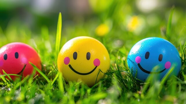 Three colorful Easter eggs with smiley faces on green grass with blurred background.