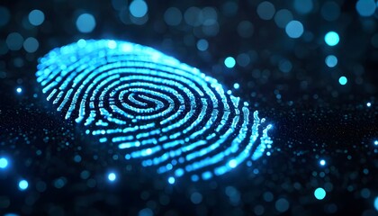 A glowing blue digital fingerprint scan on a dark surface, symbolizing biometric authentication, cybersecurity, and personal identity.