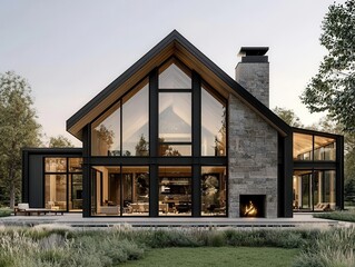 Elevated farmhouse with exposed timber beams, large glass facade, and rustic stone chimney