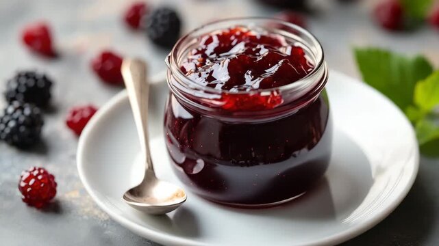 Thick red berry jam in a transparent jar served on a plate with a spoon, next to scattered fresh berries and green leaves. Sweet and natural food. Rustic homemade style.