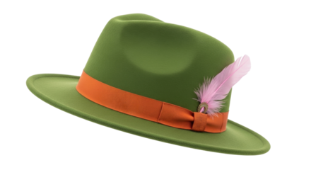 Isolated green Alpine hat with pink feather accent on a light backdrop for creative needs
