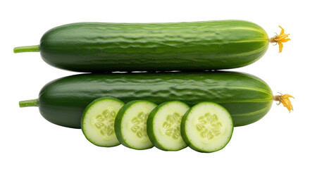 Isolated fresh green cucumbers, whole and sliced, a nutritious vegetable garden staple