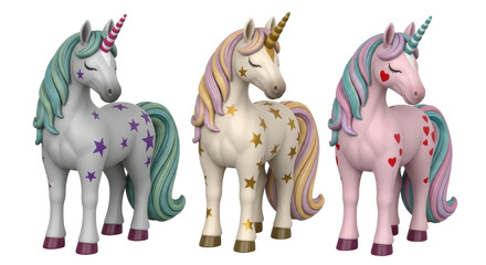 Isolated unicorns with stars and hearts are shown in a playful fantasy animal collection.