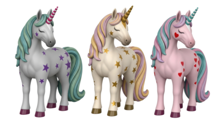 Isolated unicorns with stars and hearts are shown in a playful fantasy animal collection.