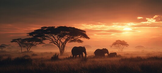 Obraz premium Elephant Herd at Golden Savanna Sunset