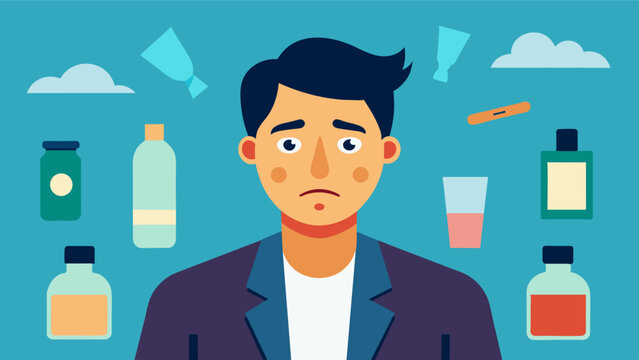 A man is bombarded with ads for expensive grooming products leading him to believe that only a specific appearance is acceptable and causing him to feel pressure to achieve it.. Vector illustration