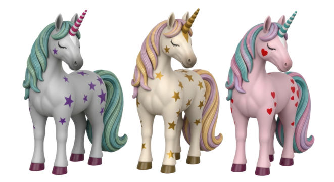 Isolated unicorns with stars and hearts are shown in a playful fantasy animal collection.
