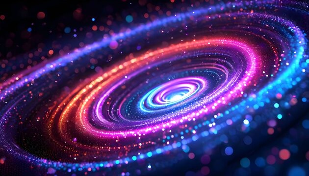 A vibrant, abstract spiral galaxy glowing with neon blue, purple, and orange light against a dark, sparkling background.