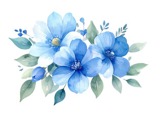 Elegant Watercolor Blue Flower Bouquet with Soft Green Leaves