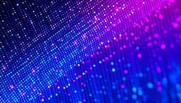 Abstract digital background with glowing blue and purple dots creating a dynamic, flowing pattern, representing data or technology.