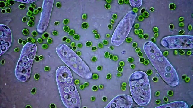 Movement of protozoa and microalgae under microscopic view 