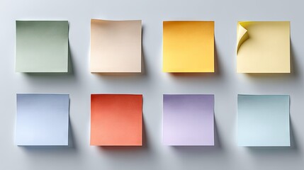 Colorful sticky notes arranged on a gray background create an organized and inspiring workspace for ideas and reminders in a modern office setting