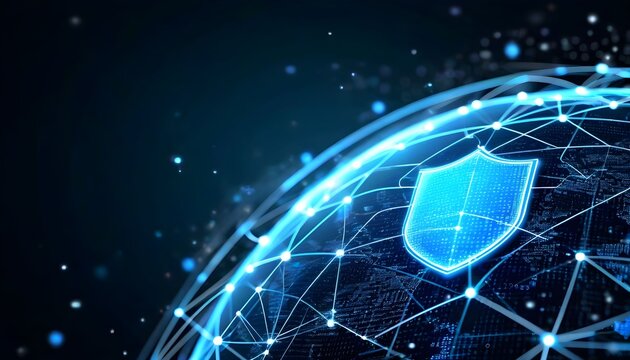 A glowing blue shield superimposed on a digital representation of the Earth, symbolizing cybersecurity and global network protection.