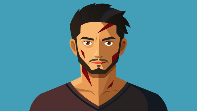 A model with a visible scar on his face confidently embraces his unique appearance challenging traditional ideas of perfection.. Vector illustration