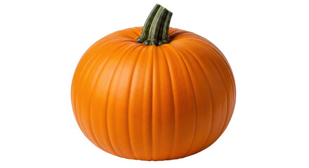 Isolated bright orange pumpkin with stem, fall harvest season vegetable, Thanksgiving decor