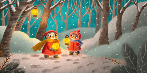 Two children holding lanterns walk through snowy forest night enjoying warm holiday lifestyle filled with Christmas joy and peaceful winter magic