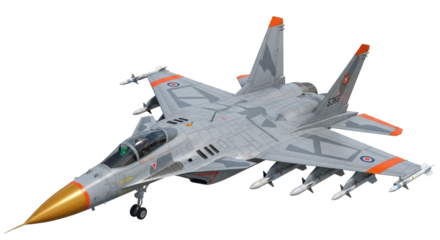 Isolated Military aircraft fighter with missiles, air superiority, realistic rendering on neutral background