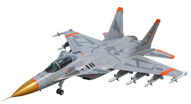 Fototapeta Isolated Military aircraft fighter with missiles, air superiority, realistic rendering on neutral background