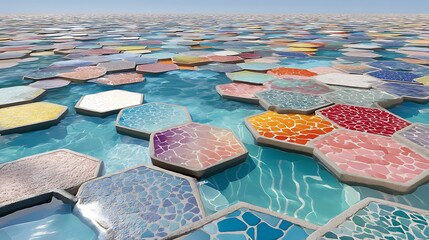 Colorful Hexagonal Tiles Floating on Blue Water in Bright Sunlight