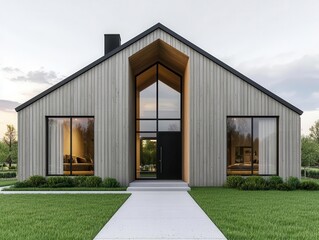 Obraz premium Minimal modern rustic farmhouse with natural wood facade, sharp gables, and large open windows