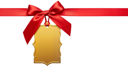 A red ribbon with a bow and a blank golden gift tag, a decorative element for holiday presents and sale promotions for Christmas. Transparent Background, Cutout